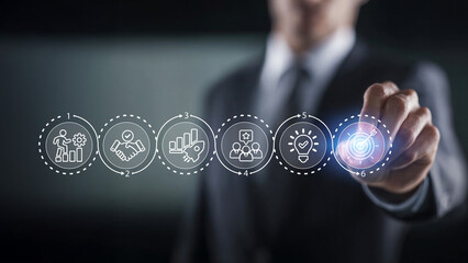 This project introduces a high-level Business strategy concept. Users interact by Touching screen on the icon representing business strategy elements; teamwork, partnership, innovation and technology