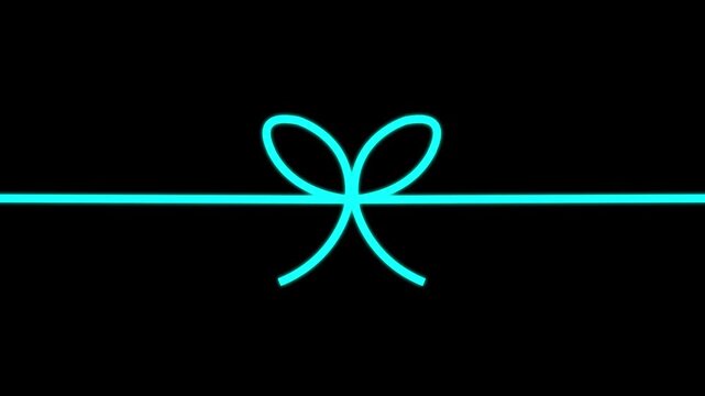 Abstract neon cyan light line drawing a ribbon and bow tie against a black background, perfect for holiday greetings, birthday surprises, and gift-themed video overlays.