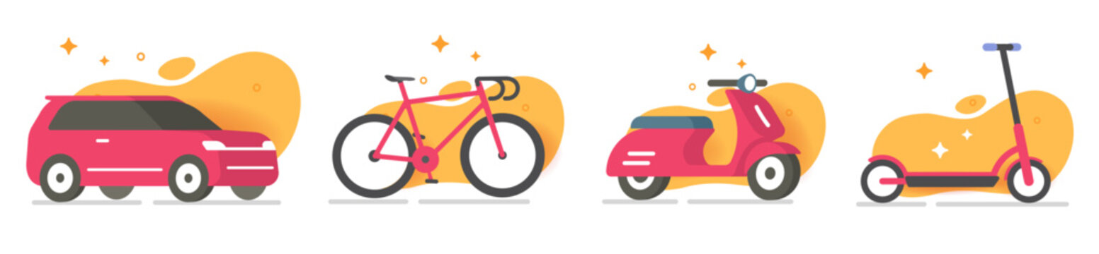Urban transport vehicles set icon vector modern graphic illustration set, red car auto, city sport bicycle, kick and bike scooter isolated on white yellow background, electric kickscooter clip art