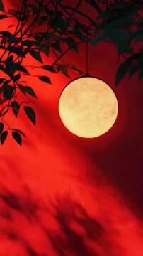 Sunset with the moon in a red sky, illuminated by circular lights that create a magical ambiance. The silhouette of trees and the skyline add to the serene outdoor evening scene.
