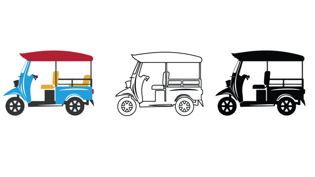 Three different colored tuk tuks on a white background in various styles
