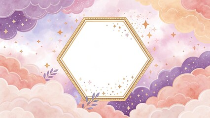 Whimsical pastel clouds with gold hexagonal frame and stars