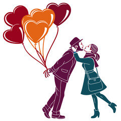 Stylish couple sharing a tender moment about to kiss while holding a vibrant bunch of romantic heart shaped balloons illustration design