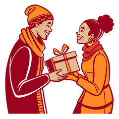 Smiling couple dressed in warm winter attire exchanging a beautifully wrapped present during a festive holiday celebration or special occasion