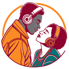 Black couple wearing retro headphones sharing an intimate moment surrounded by a bright orange circular frame emphasizing connection and modern romance.