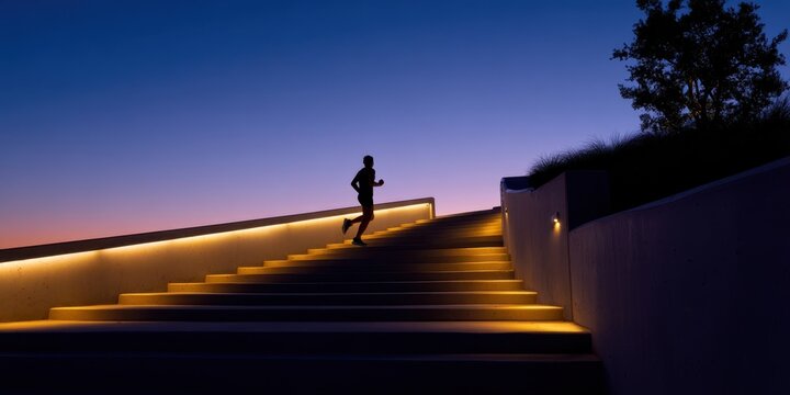 The Staircase with a Silhouetted Runner Ascending Illuminated Steps at Twilight
