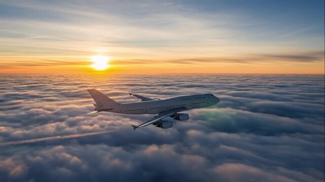 Boeing 747 airplane flying above clouds at beautiful sunset or sunrise