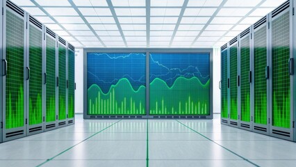 A modern data center with rows of servers and large screens displaying vibrant analytics and performance graphs.