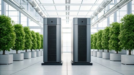 A modern indoor space with two sleek machines flanked by vibrant indoor trees, showcasing a blend of technology and nature.