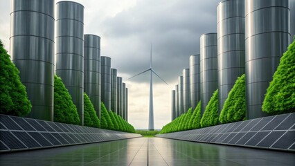 A futuristic landscape featuring wind turbines, solar panels, and tall metallic structures, surrounded by greenery under a cloudy sky.