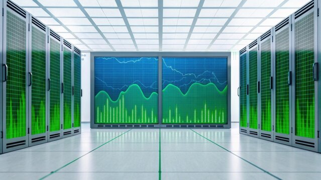 A modern data center with rows of servers and large screens displaying vibrant analytics and performance graphs. - Powered by Adobe