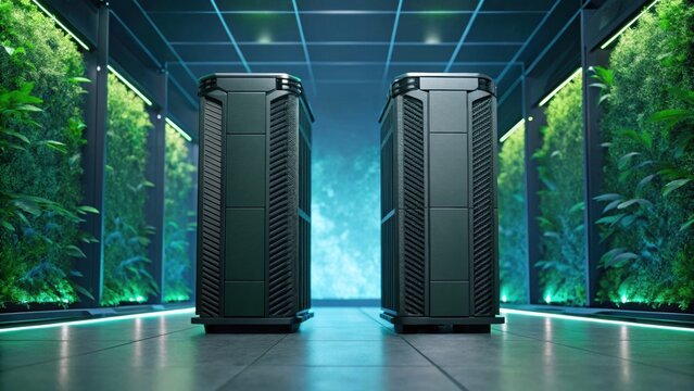 A modern data center featuring sleek servers surrounded by vibrant greenery, creating a balance between technology and nature. - Powered by Adobe