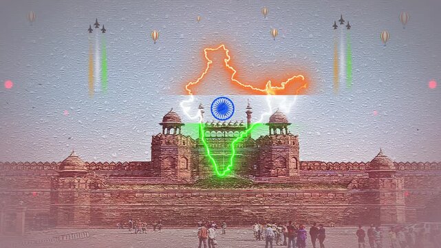 Patriotic Celebration at Red Fort with Animated Neon India Map and Tricolor Effects