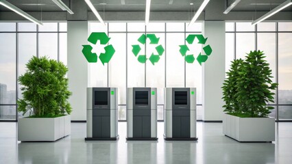 A modern indoor space featuring recycling stations surrounded by lush greenery and large windows, promoting sustainability and eco-friendliness.