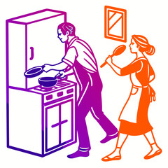 Stylized illustration depicts a couple working together in the kitchen with one person cooking on the stove and the other holding a spoon nearby