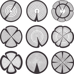 Concentric circular patterns with varying radial cuts in monochrome style