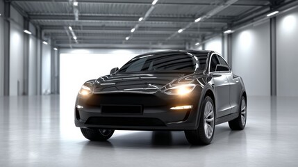 Sleek black electric car parked in modern garage, showcasing its aerodynamic design and polished exterior, with bright lighting enhancing the futuristic ambiance and showcasing automotive innovation