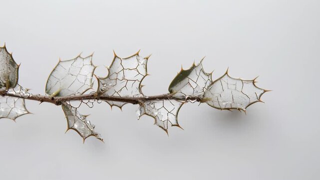Delicate Skeleton Leaves on a Branch Against White Background.
