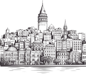 Naklejka premium Detailed black and line skyline of Istanbul with Galata Tower buildings