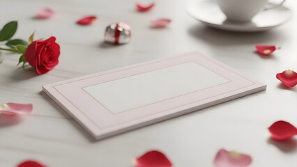 Romantic setup with blank card and red rose petals