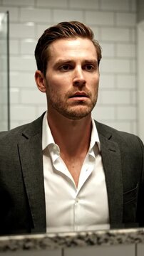 Man stands in bathroom reflecting in mirror. He closes his eyes and takes a breath, displaying focus. Bright white tiles surround him. Concept of personal development, business, lifestyle