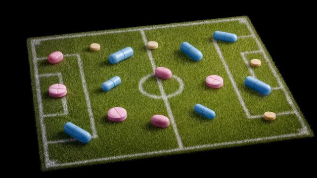Miniature pills and capsules arranged on green football pitch board visualise concept of performance drugs doping and medication use in competitive sports tactics