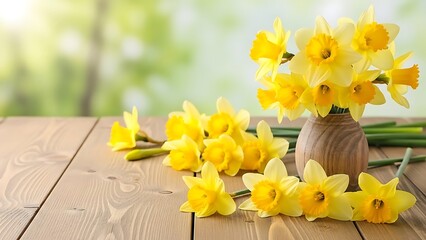 Yellow daffodils in a wooden vase on a rustic table outdoors in springtime