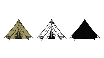 Three different colored tents are shown in a row on a white background