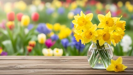 Yellow daffodils in a glass vase on a wooden table outdoors in a garden