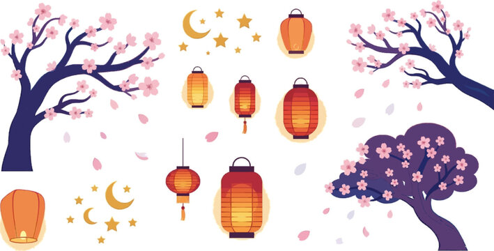 Hanami festival lanterns vector icon sheet with hanging paper lanterns, cherry blossom branches and golden stars