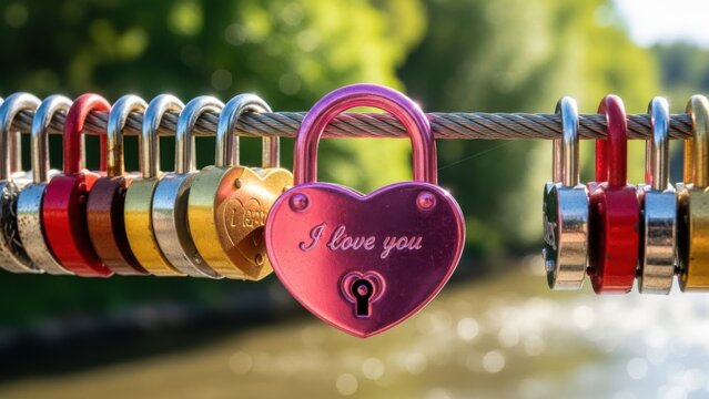 Romantic heart shaped love padlock on a bridge railing - Powered by Adobe