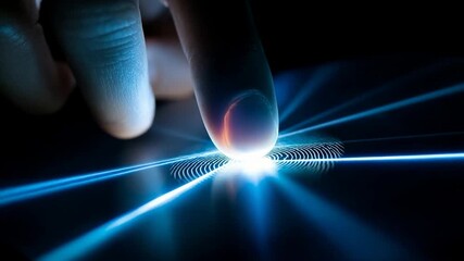 Close fingertip presses bright white point on neon blue trail leaving energy wave effect suggesting futuristic touchscreen navigation and advanced digital user experience - Powered by Adobe