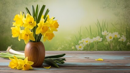 Yellow daffodils in a wooden vase on a rustic table with flowers and greenery
