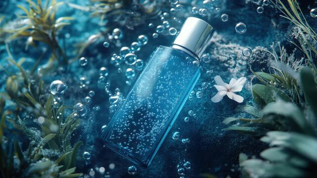 An underwater perfume bottle with a vibrant blue tint, surrounded by air bubbles and droplets of water in a serene aquatic setting.