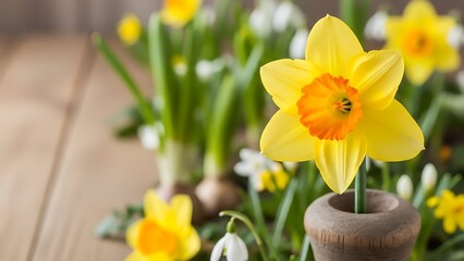 Yellow daffodils in pots on a wooden table in the garden in springtime outdoors