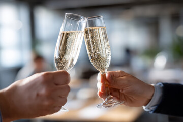 Close-up of coworkers toasting with glasses in a modern office setting, capturing the essence of celebration and teamwork in a soft-lit environment