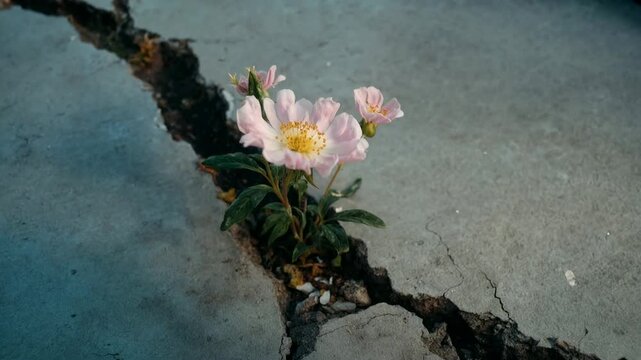 Pink blossom with yellow center pushes through gap in rough asphalt highlighting delicate beauty determination and optimistic growth despite difficult surroundings