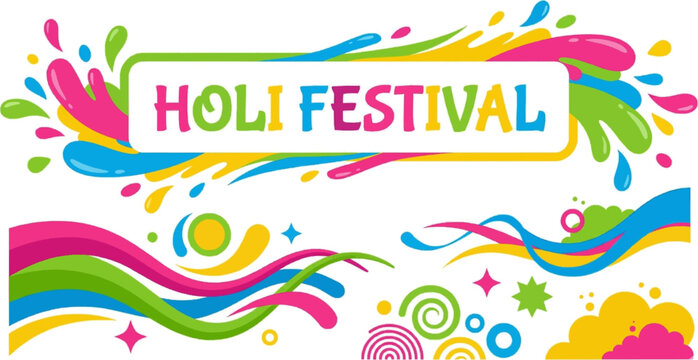 Colorful Holi festival celebration banner vector icon sheet with rainbow paint splashes, swirls and waves