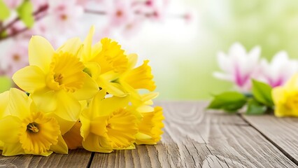 Yellow daffodils on a wooden table in a garden with blurred flowers