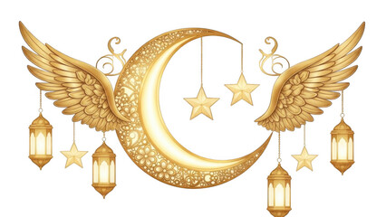 Golden crescent moon with wings isolated on transparent background