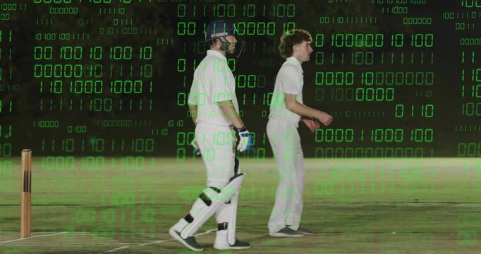 Bowler running in sending cricket ball as fielders diving and appealing for wicket binary overlay