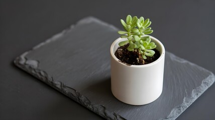 Small green succulent plant in a white pot resting on a dark slate surface