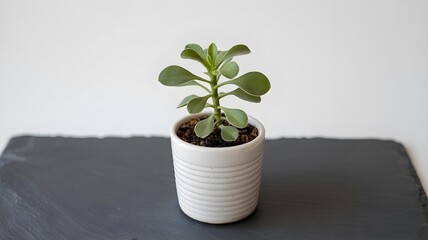 Small potted green succulent plant in a white ceramic pot on a dark stone surface