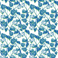 Jungle blue watercolor leaves seamless floral tropical pattern © AineGing