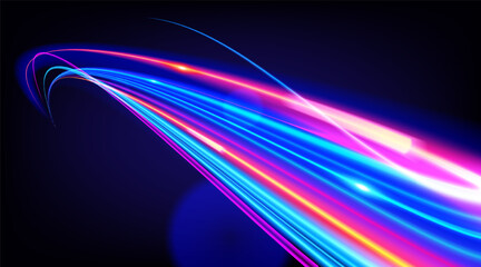 Abstract high-speed neon light trails on dark background