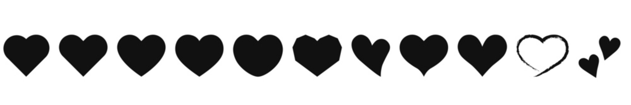 黒いハートのシンプルアイコンセット｜サイズ違い・ベタ塗り・線なし