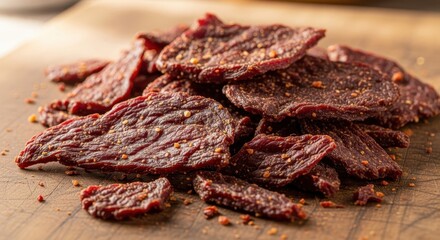Delicious close up of seasoned beef jerky piled on a rustic wooden surface for a savory snack