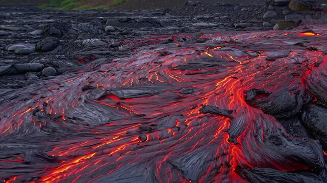 Flowing lava creates a mesmerizing pattern of molten and solidified formations.