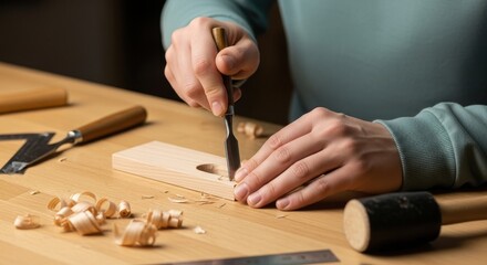 Focused hands using a chisel to carefully carve wood on a rustic wooden table, a testament to dedicated craftsmanship and artisanal skill.
