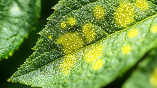 A leaf with yellow spots on it. The spots are small and round. The leaf is green in color